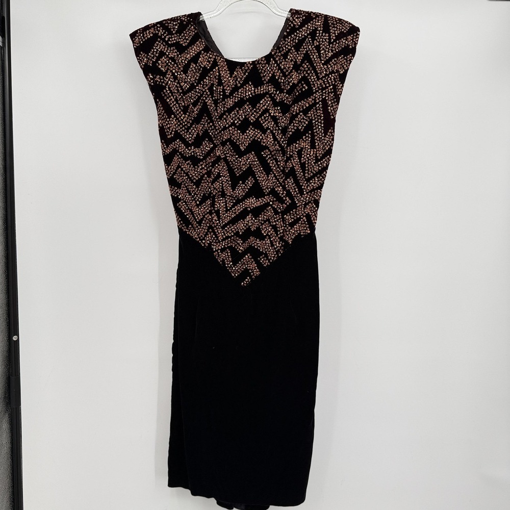 Vtg Zum Zum Dress Womens 5/6 Black Maroon Velvet Sequin Cutout Back Made USA 80s